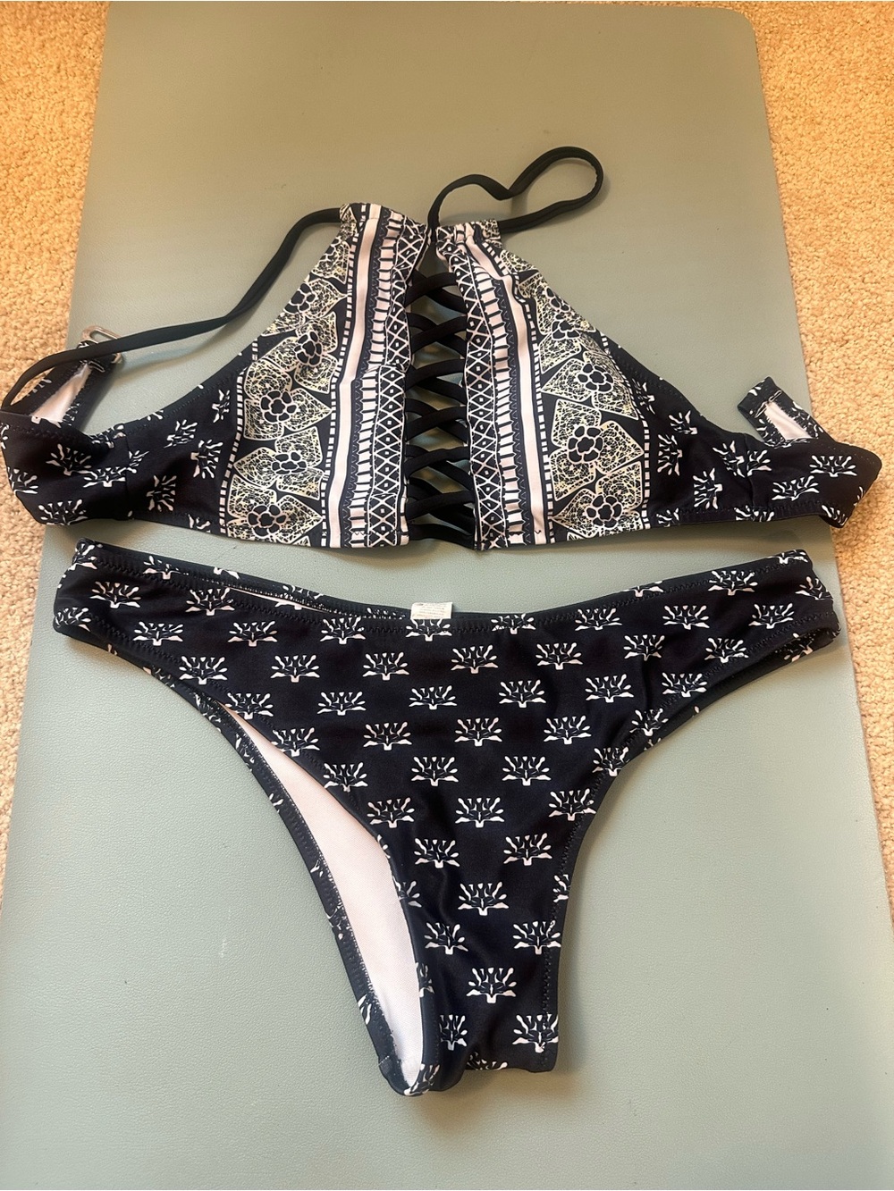 Black Printed Lace-Up High Neck Bikini Set